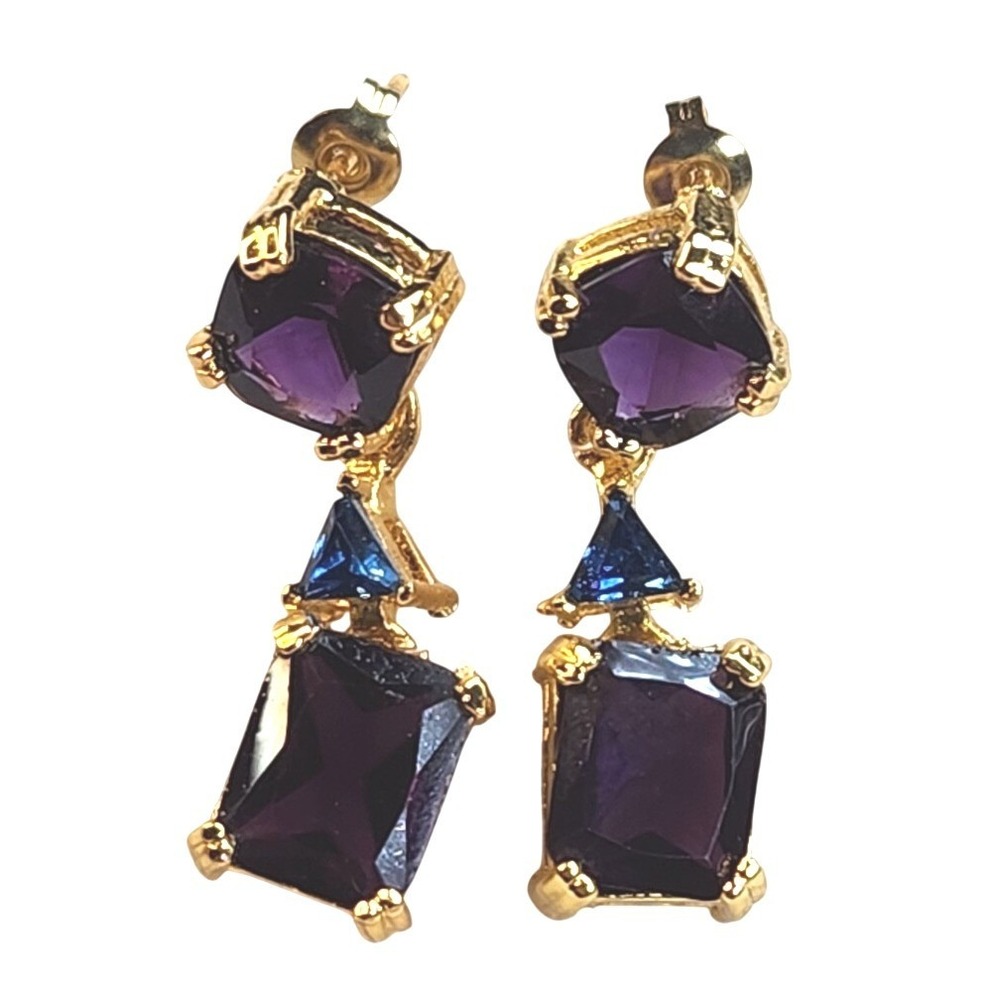 BETSEY JOHNSON Purple Rhinestone Drop Dangle‎ Earrings Blue Crystal Gold Tone